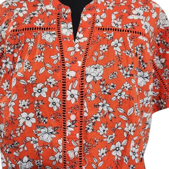 Charter Club Linen Blouse XL Orange Floral Blend Front Tie Cottagecore - Picture 3 of 10